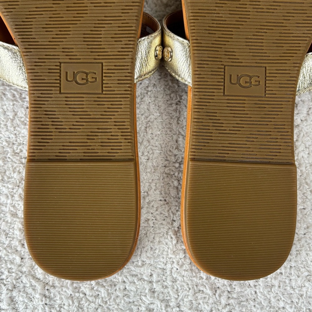 Ugg Sandals Womens 11 Gold Metallic Teague Slip On Slides Slippers Flats - Picture 12 of 15